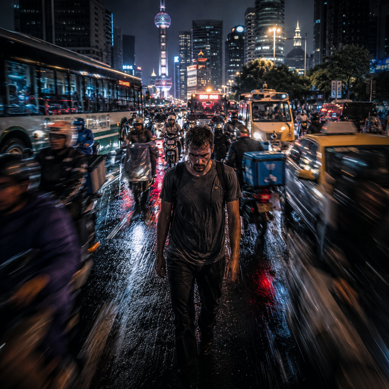 A foreigner walking through relentless rainy city traffic