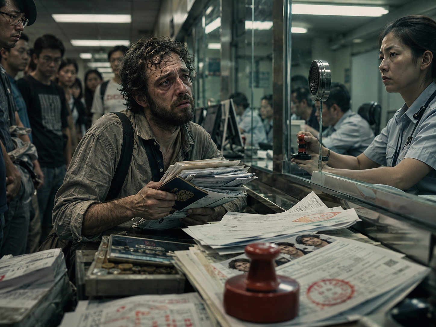 A foreigner facing a mountain of paperwork at a government office