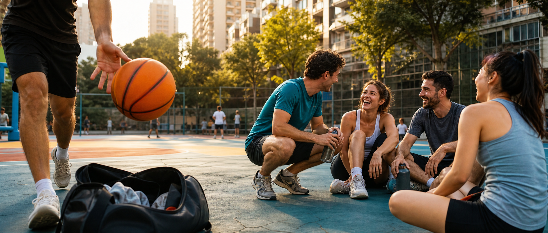 Bright outdoor sports court with expat friends
