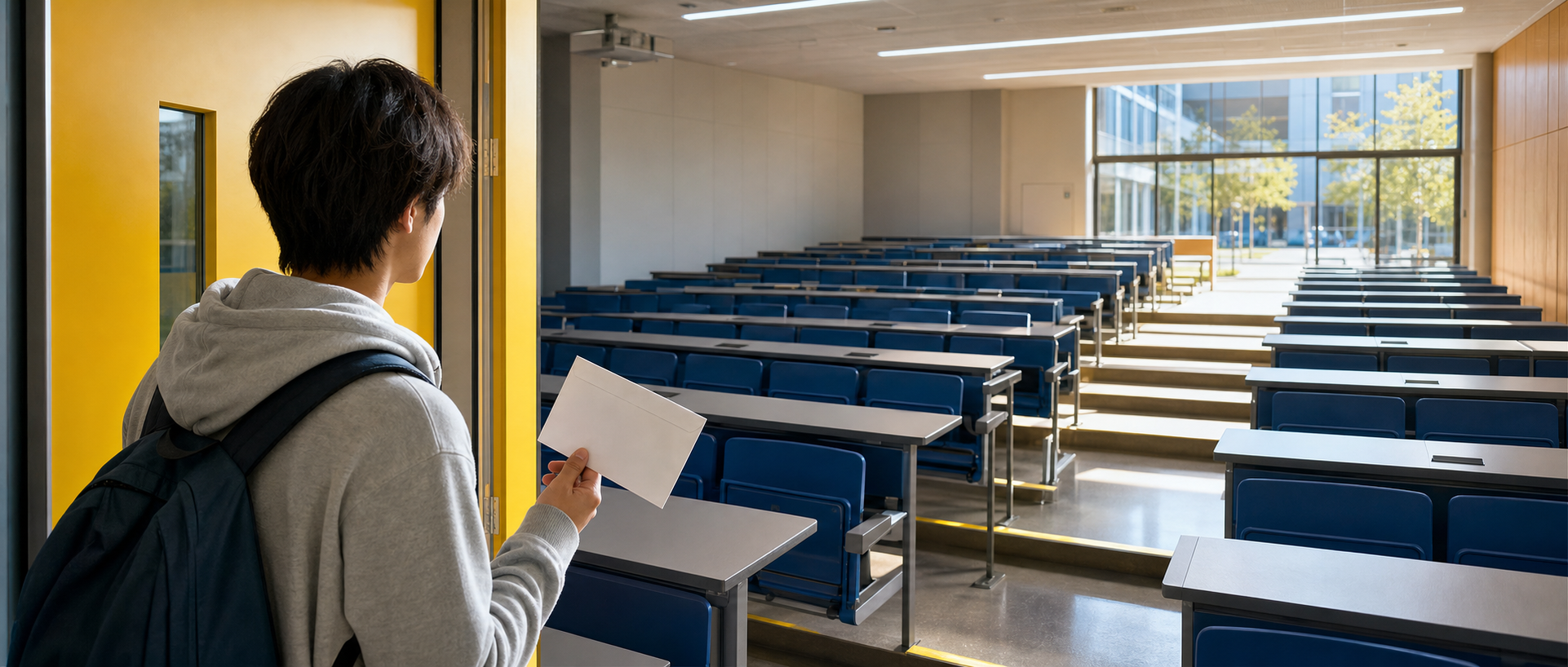 International student facing an empty lecture hall