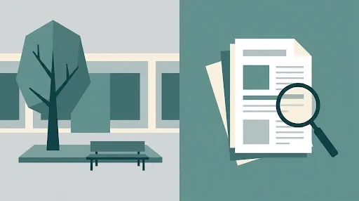 Illustration of a school courtyard and report paperwork