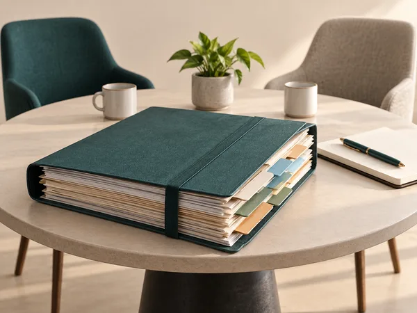 An organized case file and documents on a meeting table