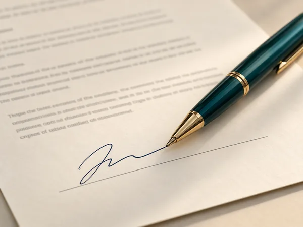 A pen and hand reviewing an employment agreement