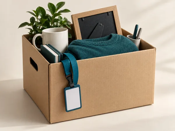 Personal office belongings packed in a box beside a desk