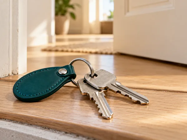 Apartment keys beside an open apartment door