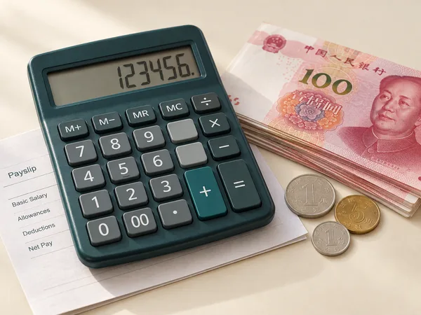 A calculator, Chinese yuan notes and a pay record on a desk