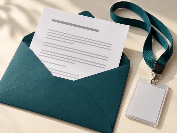 An envelope, employment document and identification on a desk